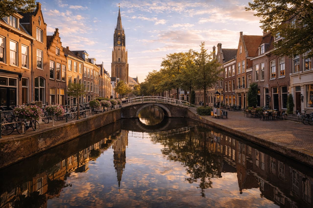 Il centro storico di Delft con canale e torre della Nieuwe Kerk