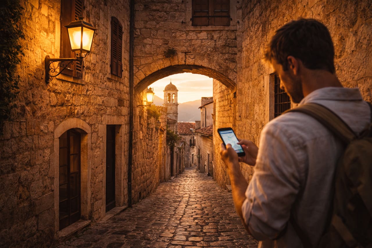 Vicoli stretti del centro storico di Cattaro e un turista con lo smartphone