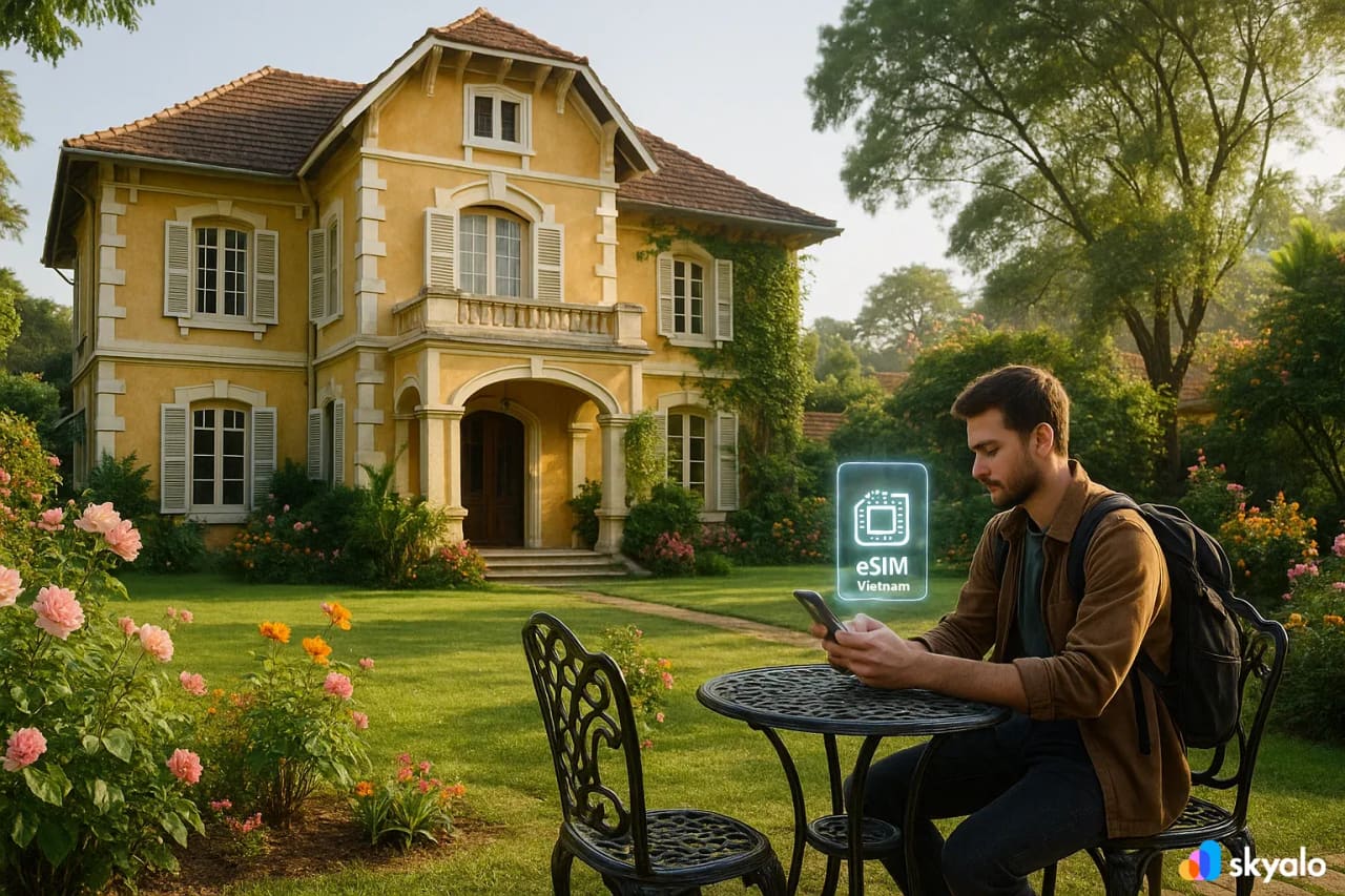 Villa francese a Dalat, viaggiatore che usa la eSIM per cercare online nuovi tour