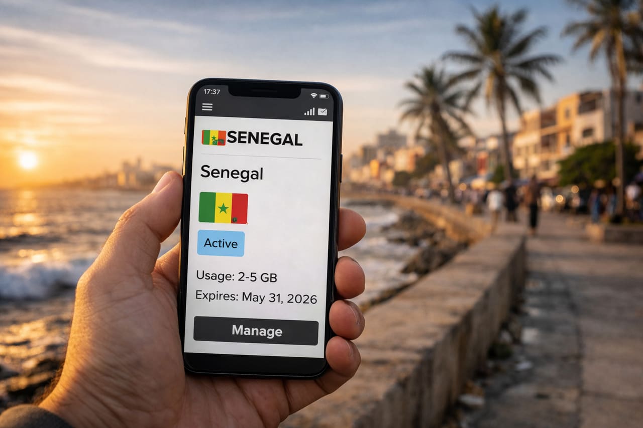 eSIM per viaggiare in Senegal su uno smartphone con la mappa di Dakar e internet mobile attivo.