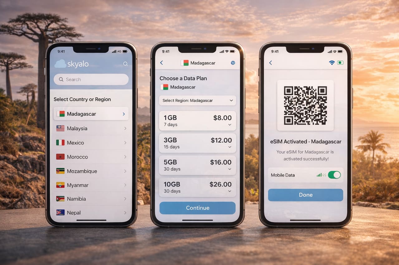 Tre smartphone con la connessione eSIM passo dopo passo per il Madagascar: scelta del Paese, piano e attivazione tramite QR code