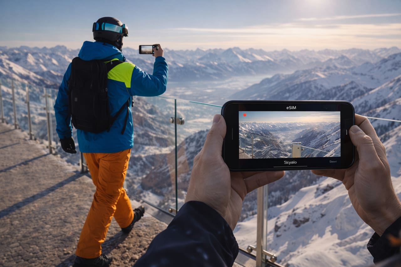 Ripresa panoramica del Dachstein su smartphone con eSIM per viaggiare in Austria