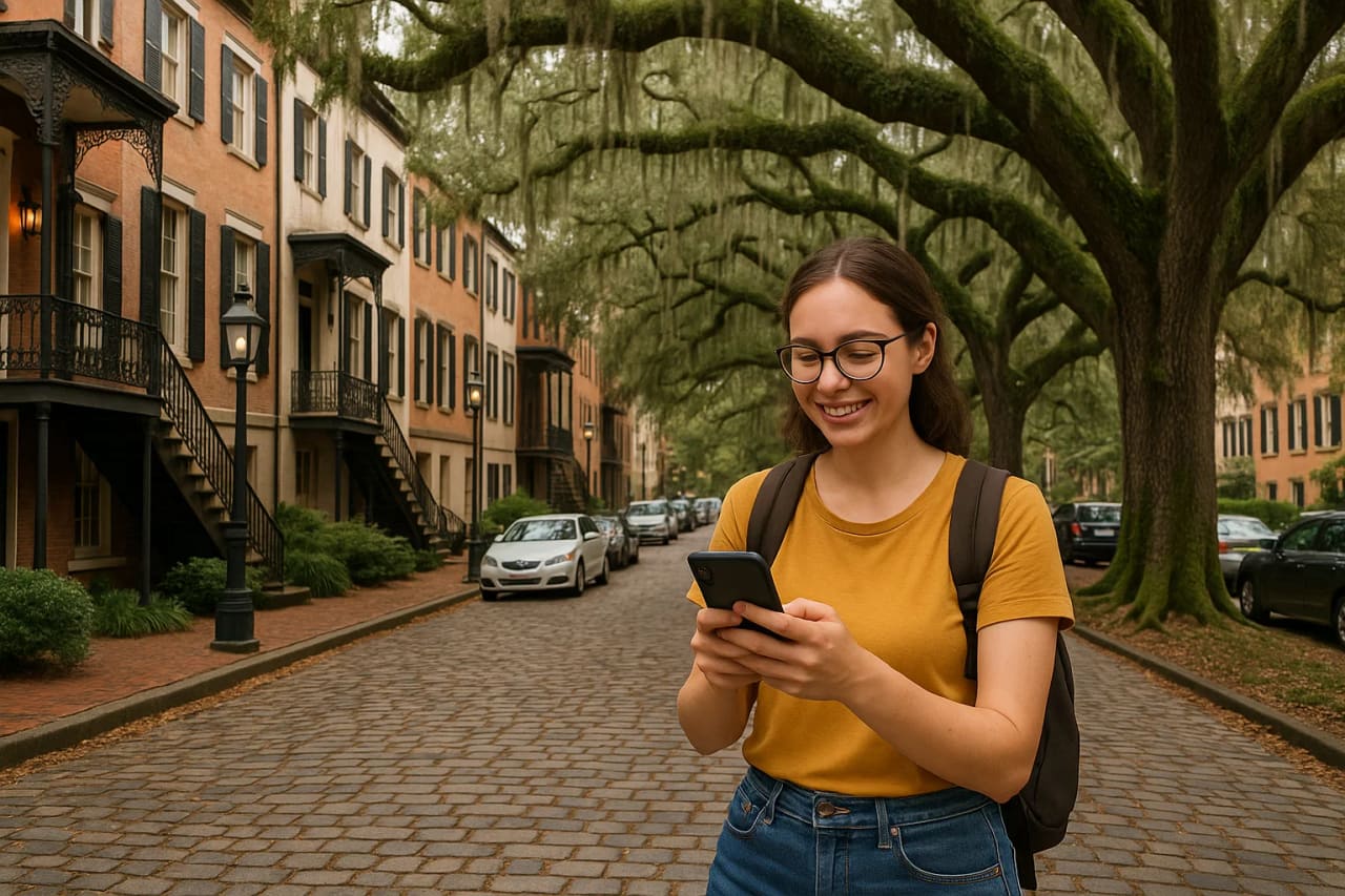 Turista a Savannah sota els arbres