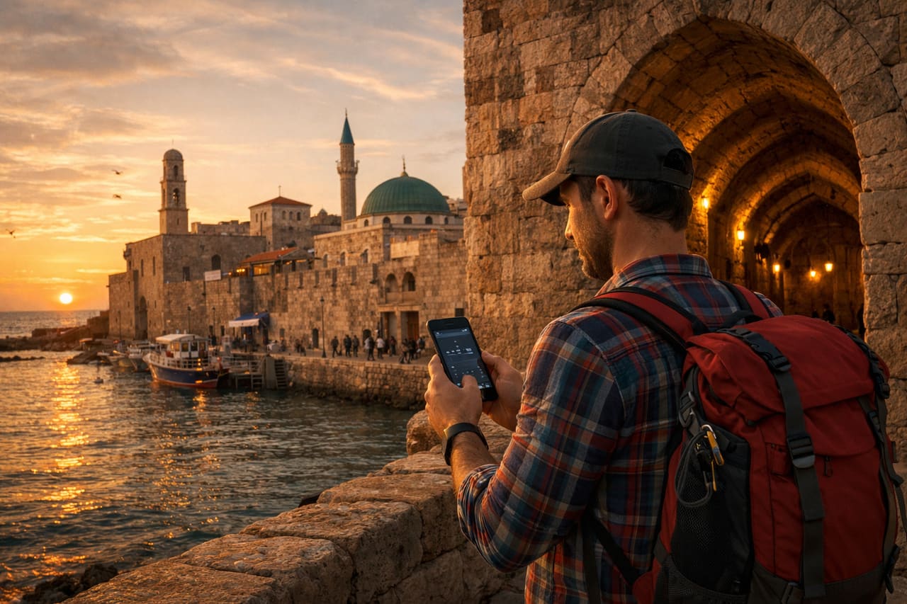 La Città Vecchia di Acri e un viaggiatore che usa uno smartphone con eSIM sullo sfondo delle antiche mura fortificate