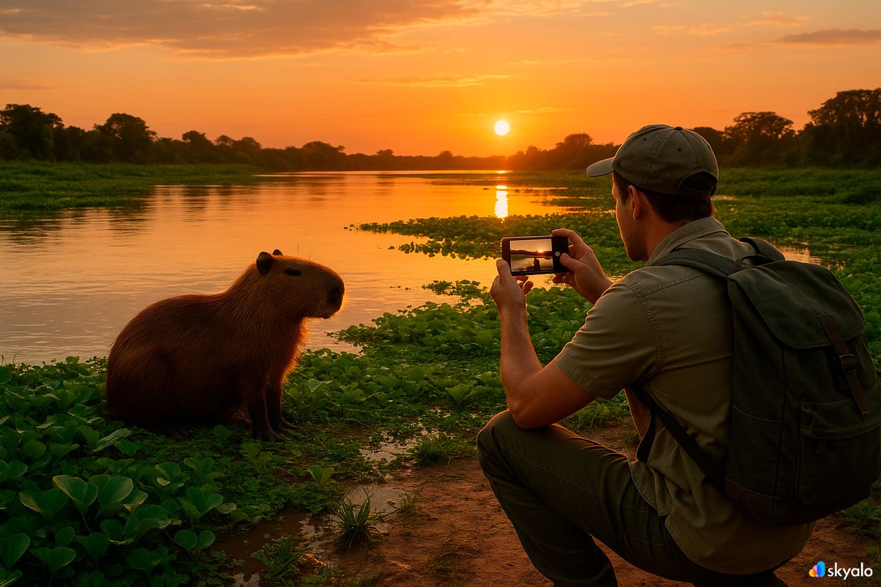 Gün batımında Pantanal sulak alanlarında nehir kıyısında bir kapibarayı fotoğraflayan turist