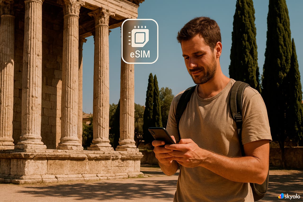 Viaggiatore al Tempio Romano di Évora che controlla appunti sul telefono; ombre calde e muri bianchi