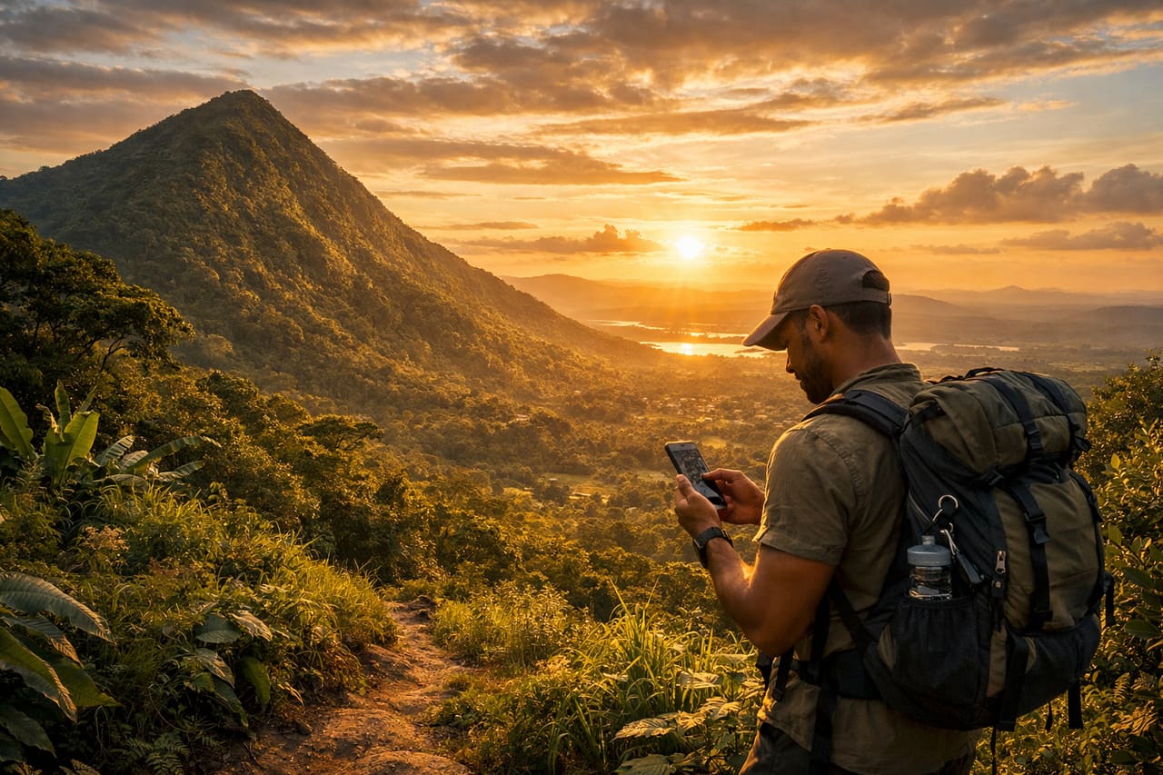 Monte Afadjato e un turista che usa uno smartphone con eSIM
