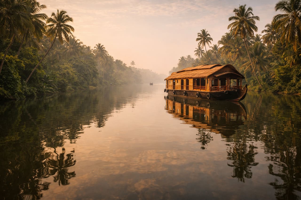 Klidné kanály v Alleppey v Kerale s tradičním houseboatem, palmami, zrcadlovými odrazy vody a hustou tropickou zelení.