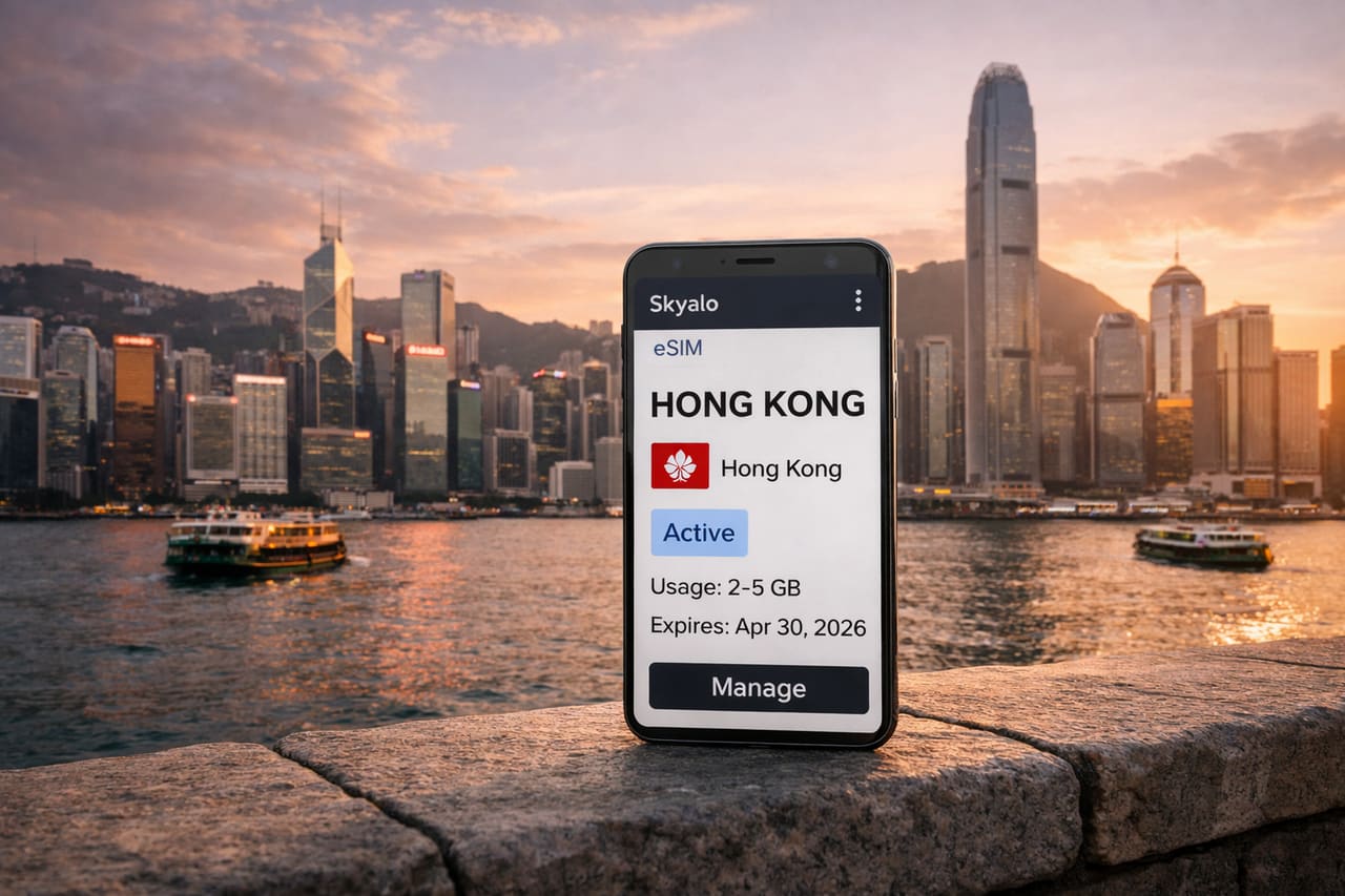 Attivazione di una eSIM per viaggiare a Hong Kong su uno smartphone con sullo sfondo il panorama di Victoria Harbour.