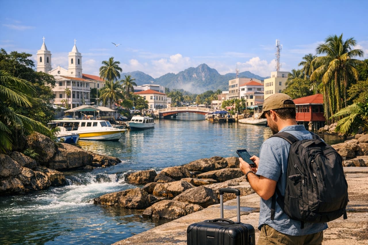 Belize City, il porto e un turista con i bagagli che controlla il percorso sul telefono