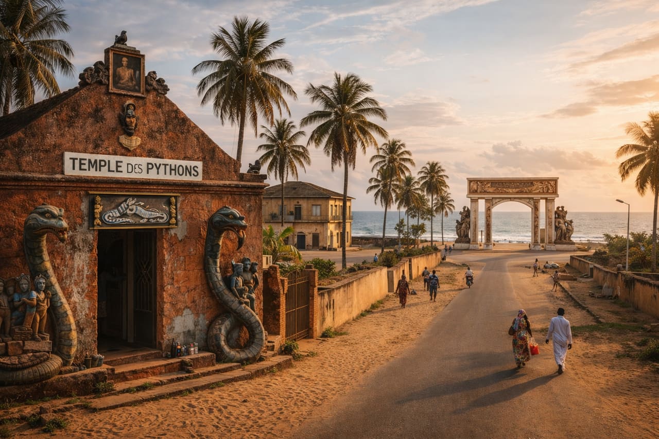 Ouidah i Benin med historiske steder, palmeallé, kulturelle symboler og en atmosfære af dyb arv