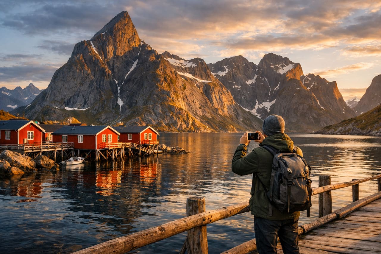 Isole Lofoten – case rosse di pescatori e montagne sul fiordo nel nord della Norvegia