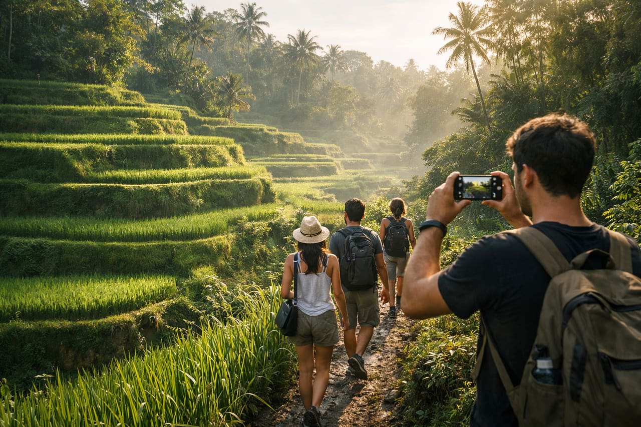 Terrazze di riso di Tegalalang e una turista con smartphone sul sentiero