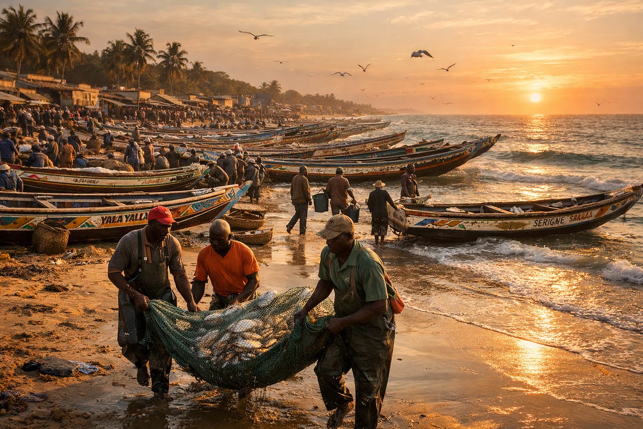 Barche da pesca sulla spiaggia della città di Mbour.