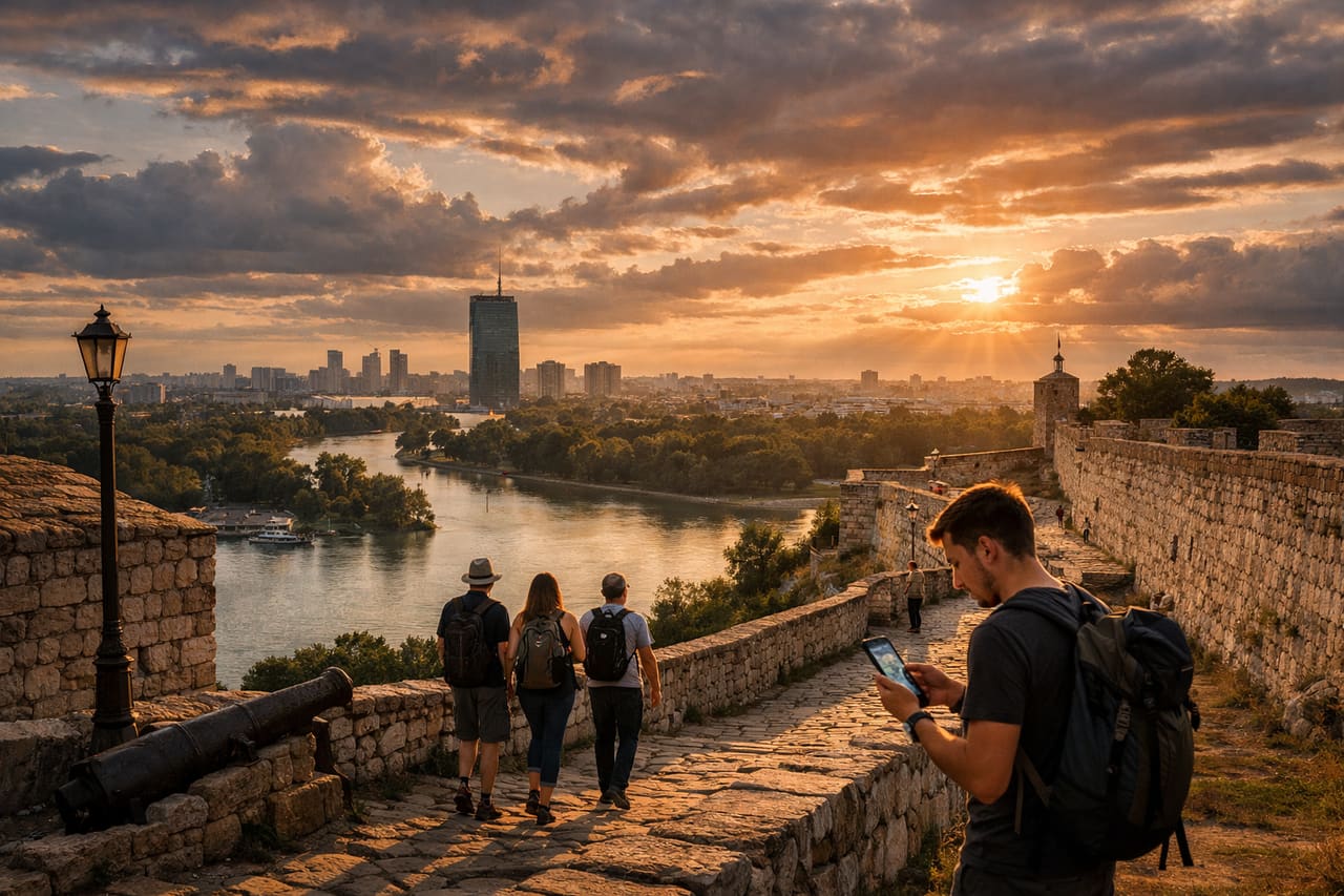 La Fortezza di Kalemegdan a Belgrado con vista sulla confluenza dei fiumi Danubio e Sava; i viaggiatori passeggiano sulle mura.