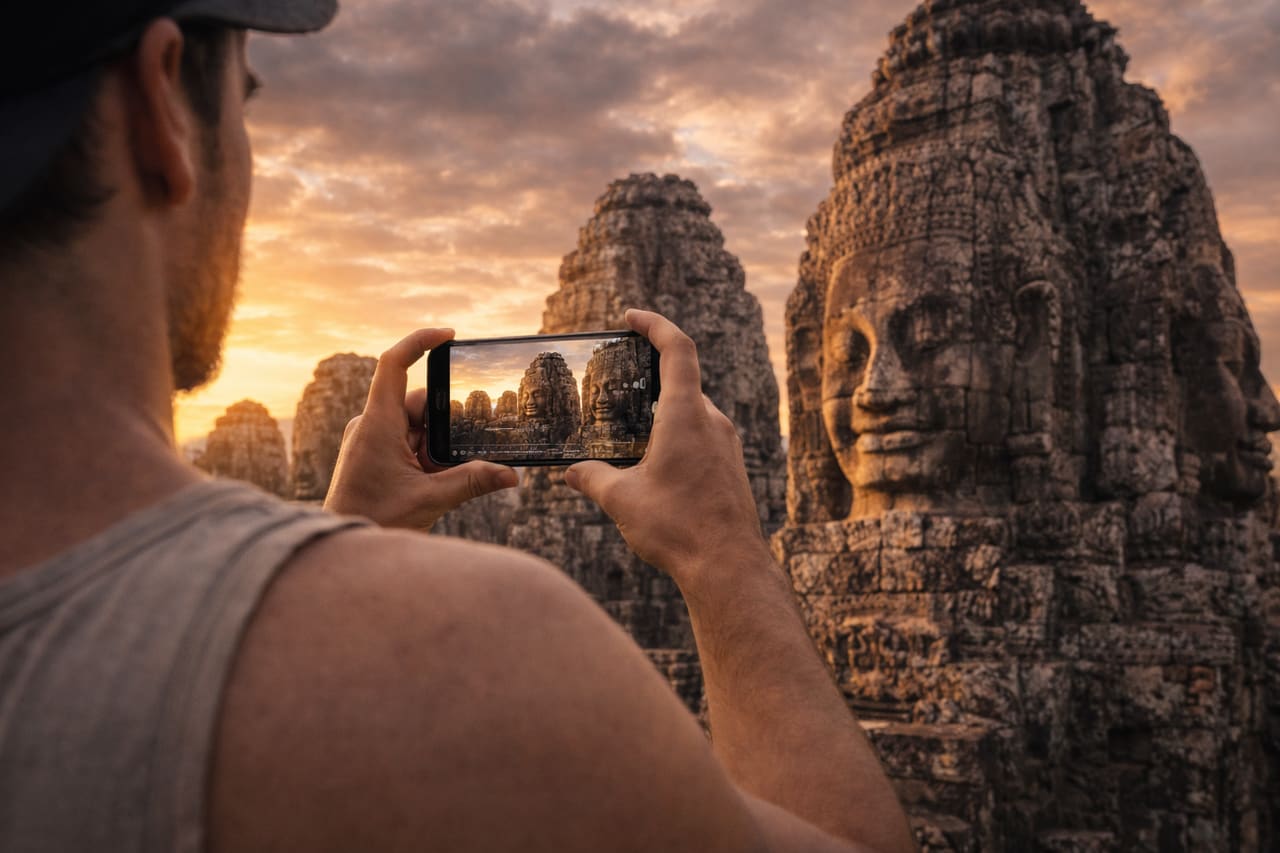 Volti di pietra del tempio Bayon e turista con smartphone con eSIM attiva