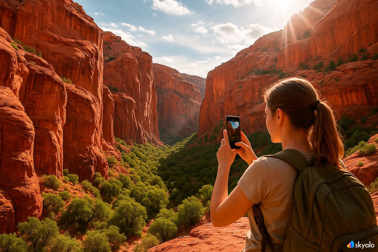 Güneş ışığında parlayan kızıl kayalıklarla Chapada kanyonlarını fotoğraflayan turist