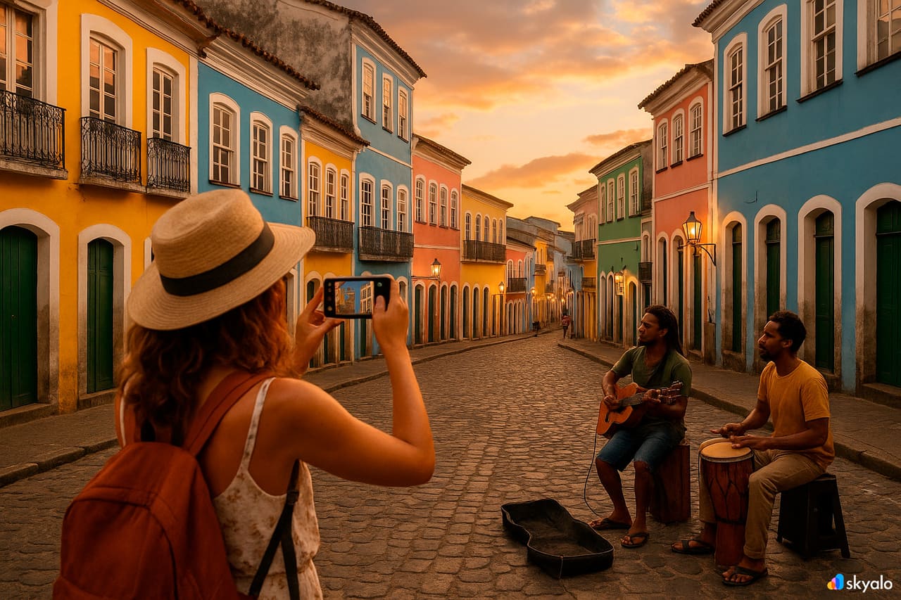 Salvador’da renkli cepheleri fotoğraflayan turist, arka planda sokak müzisyenleri
