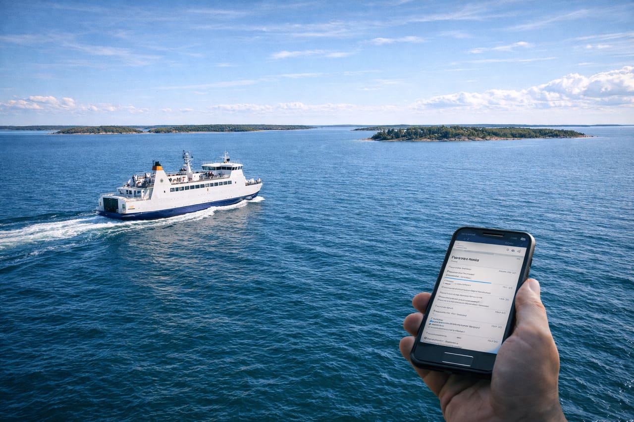 Traghetto tra le isole dell’arcipelago delle Åland con passeggeri e uso di smartphone con eSIM
