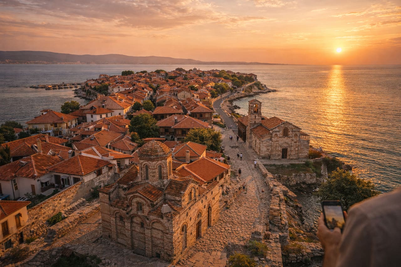 L’antica città di Nessebar su una penisola nel Mar Nero e turisti che esplorano la città con eSIM