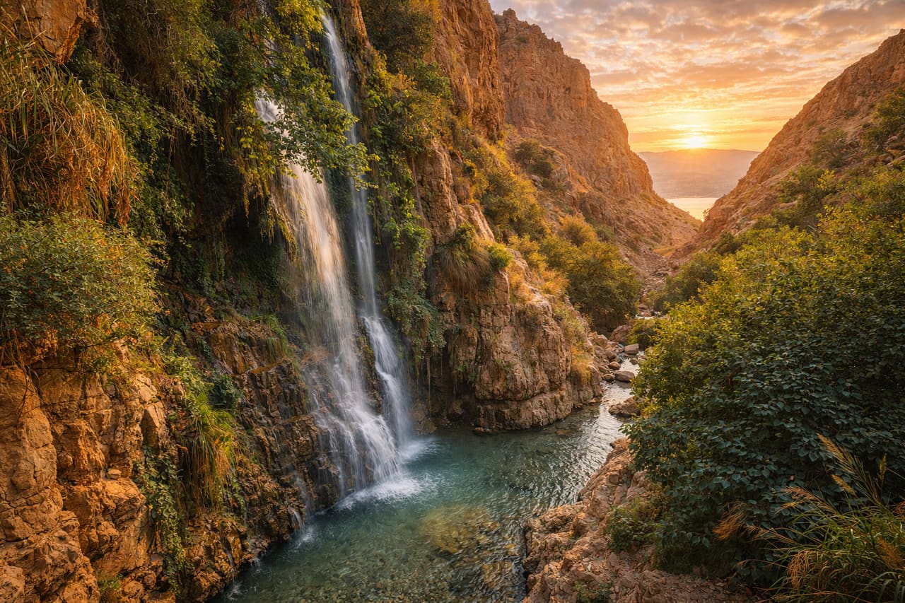 L’oasi di Ein Gedi con cascate e piante verdi in mezzo al deserto