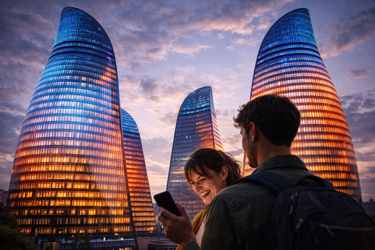 Grattacieli Flame Towers con illuminazione LED di notte