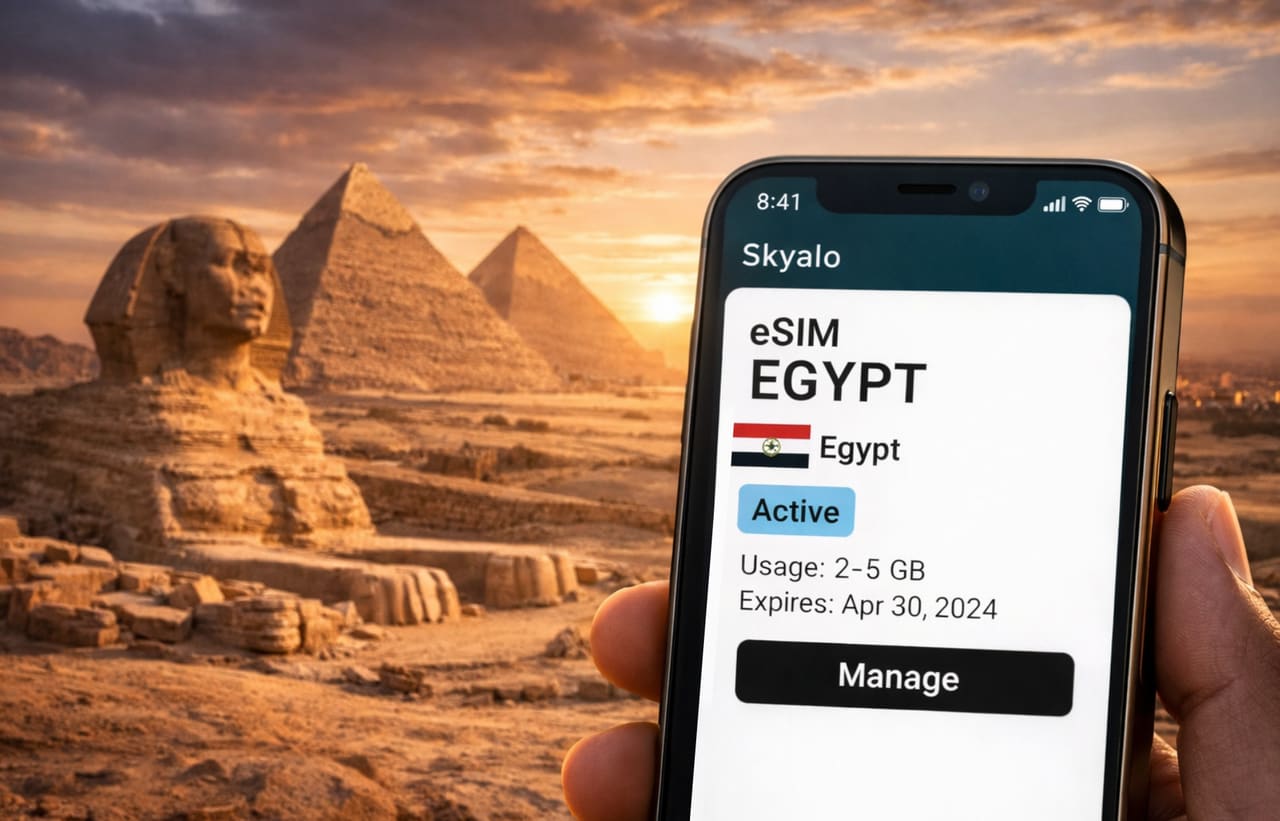 eSIM per l’Egitto attiva su uno smartphone sullo sfondo delle Piramidi di Giza e della Sfinge al tramonto