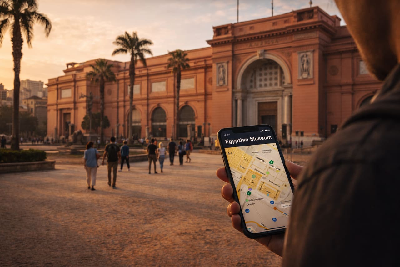 Museo Egizio del Cairo e turisti in piazza, viaggiatori usano internet eSIM per la navigazione