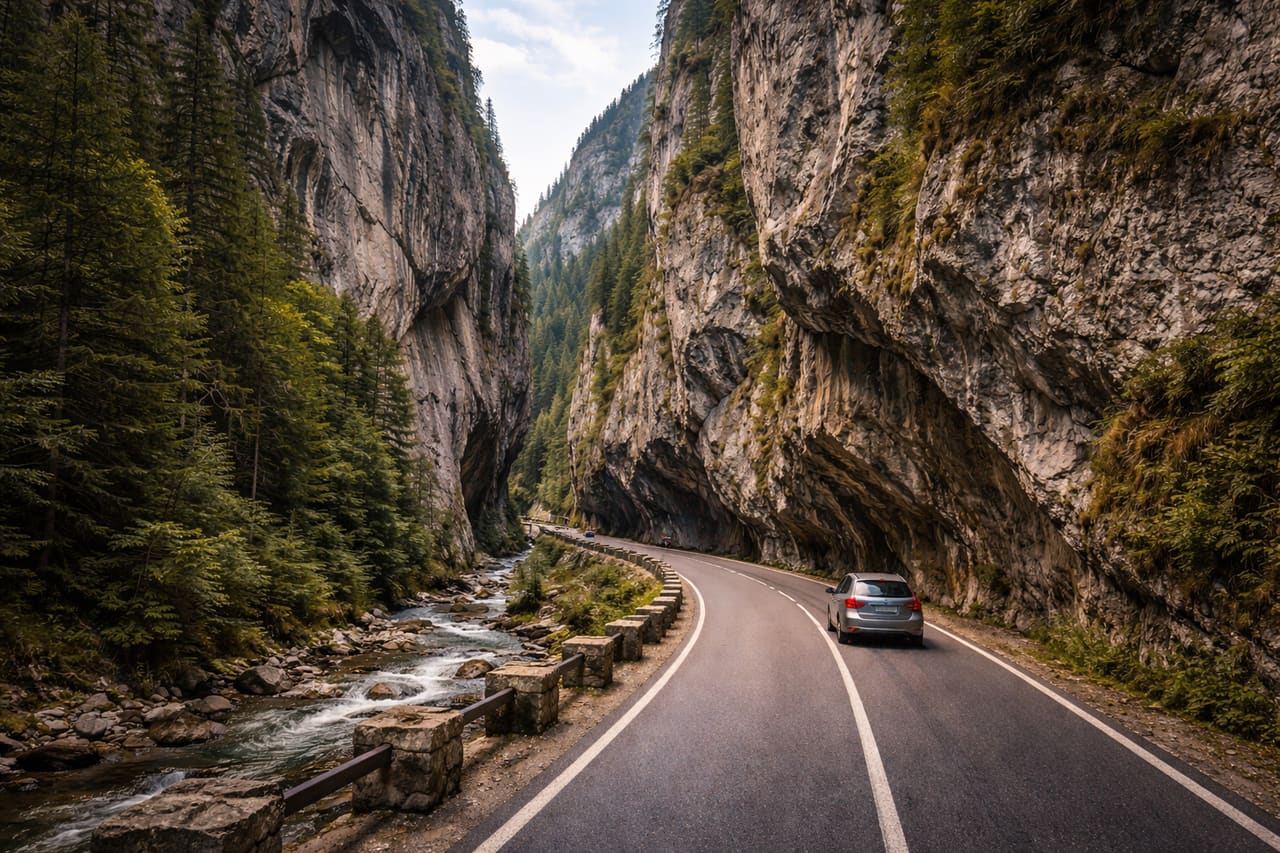 Le pareti rocciose delle Gole del Bicaz e la strada di montagna tra di esse.