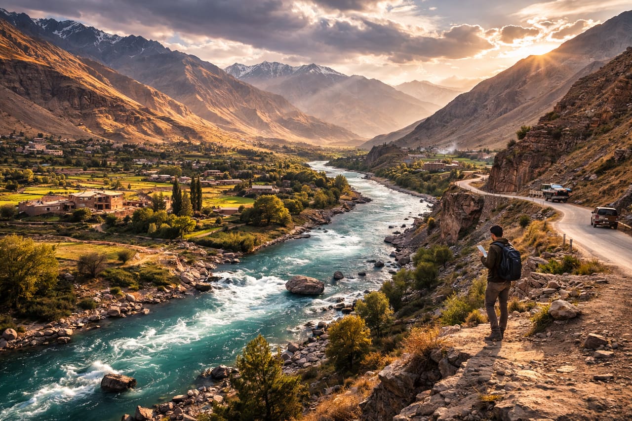 Valle del Panjshir e un turista che controlla la mappa tramite eSIM