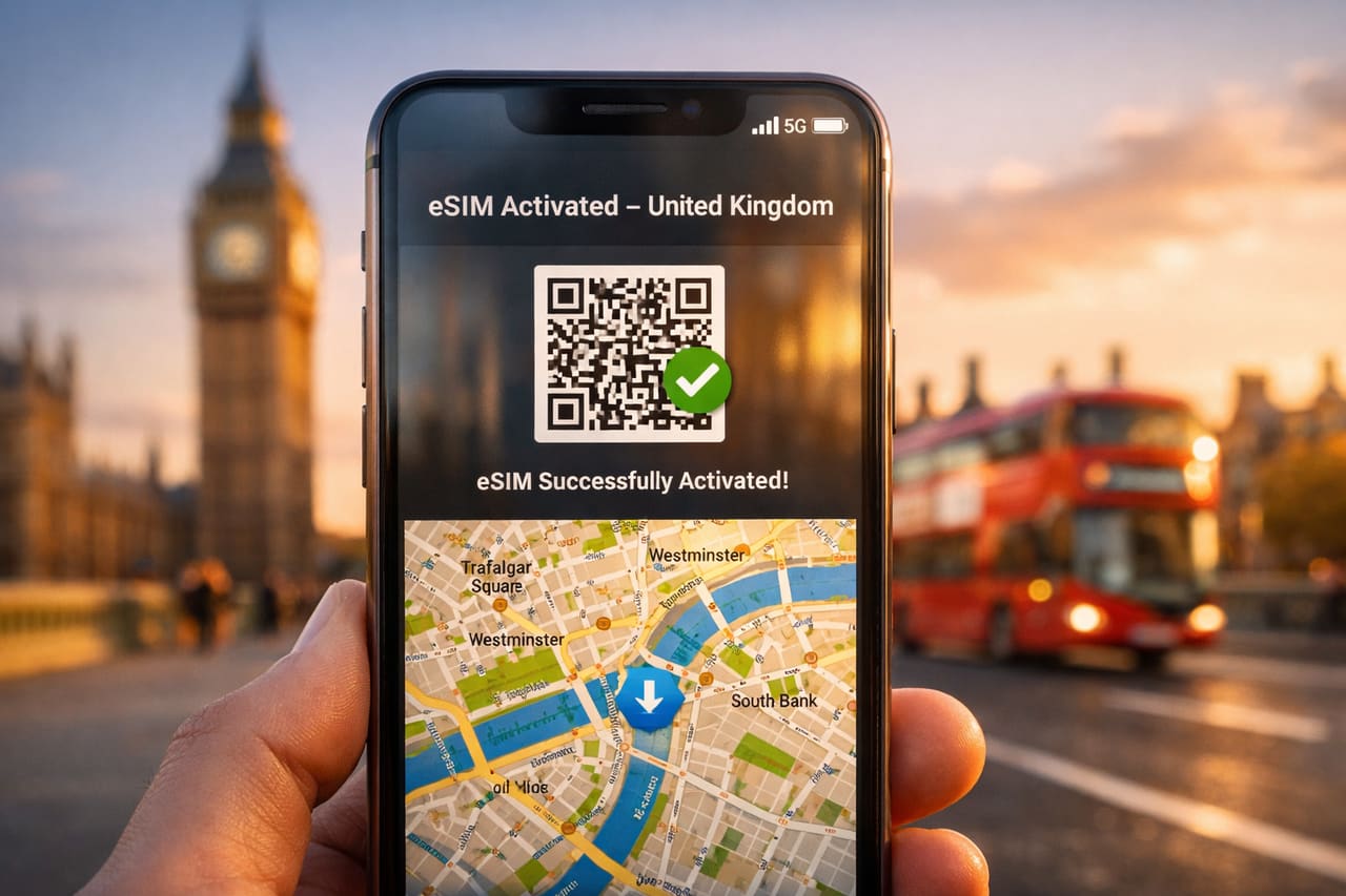 Uno smartphone con eSIM attiva per il Regno Unito sullo sfondo di Big Ben e del Westminster Bridge