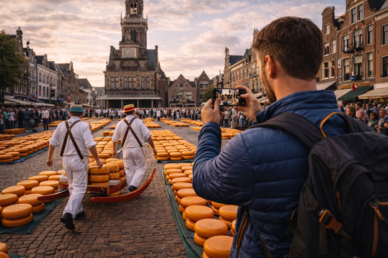 Il mercato del formaggio di Alkmaar con i facchini tradizionali