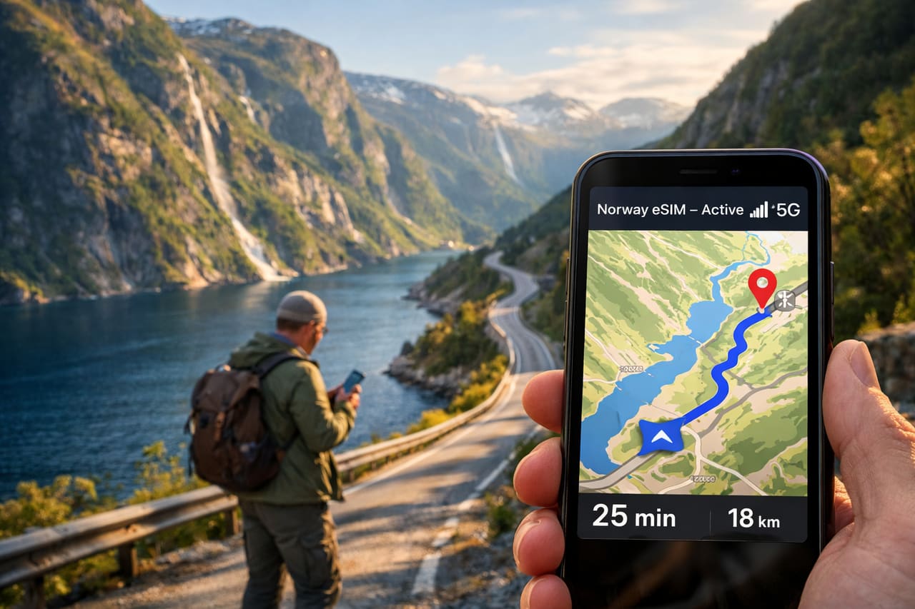 Navigazione tra i fiordi della Norvegia su smartphone con eSIM attiva e mappa del percorso