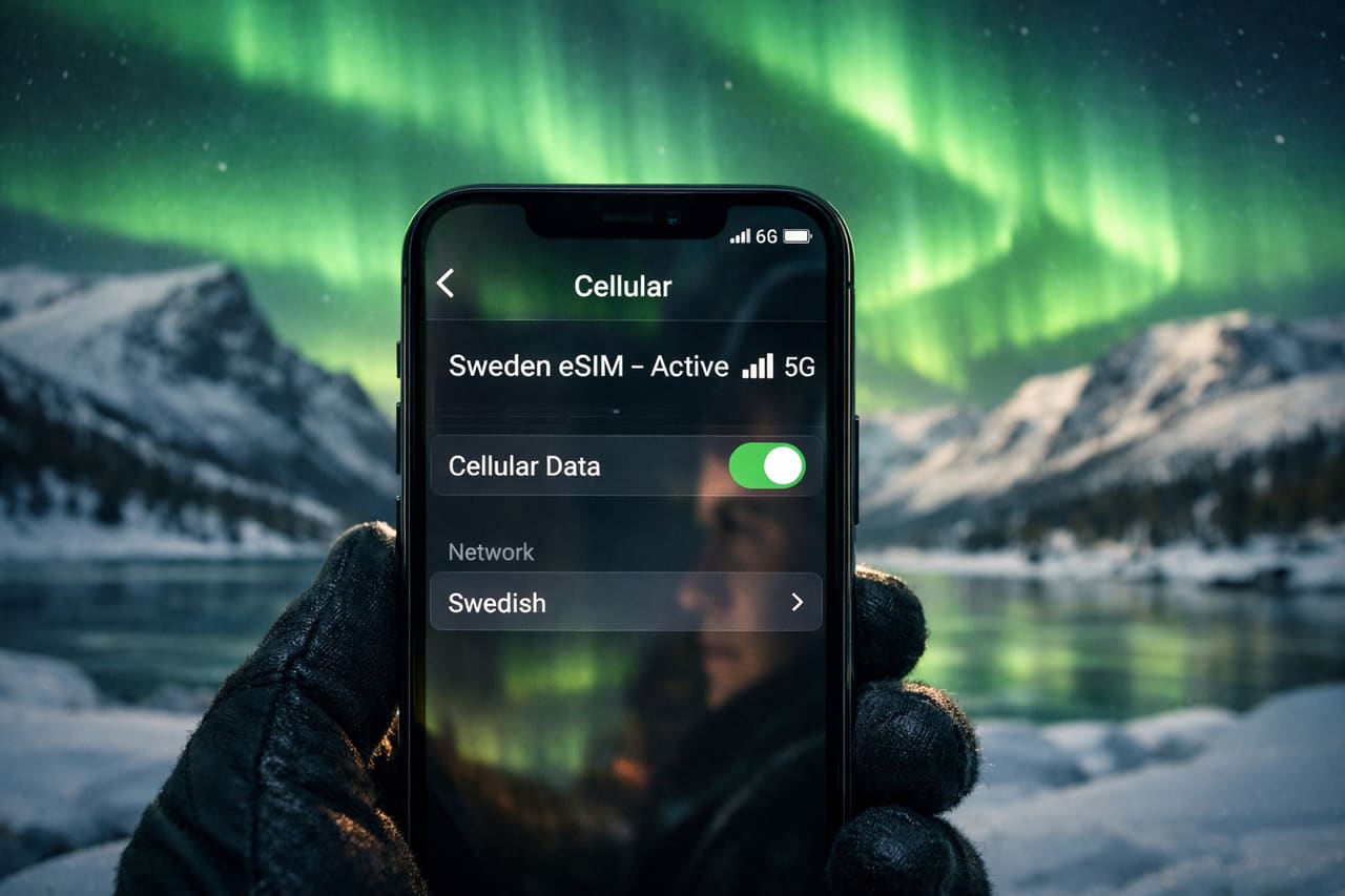 Smartphone con eSIM Sweden attiva sullo sfondo dell’aurora boreale in Lapponia