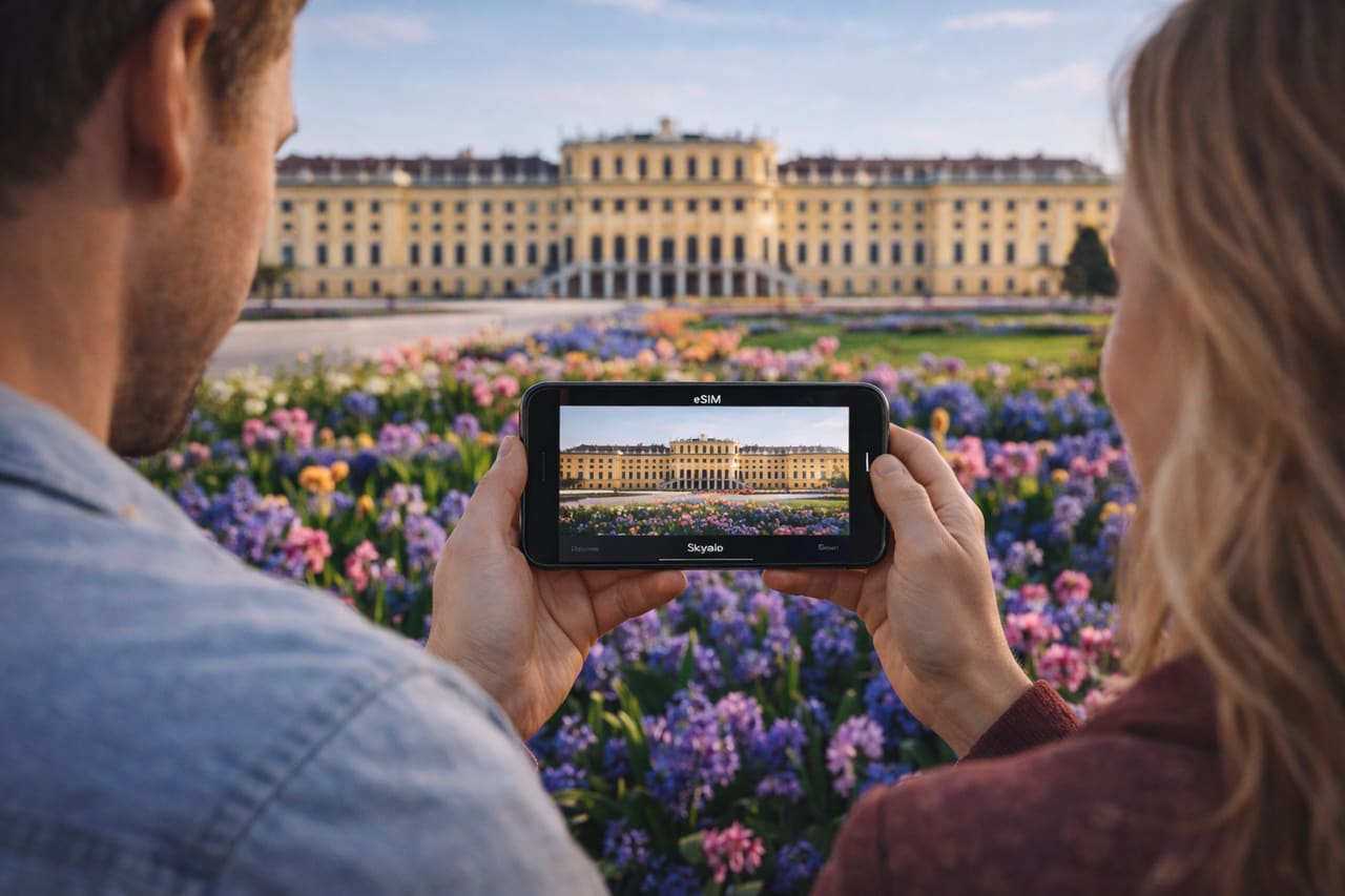 Fotografare il Palazzo Schönbrunn con uno smartphone con eSIM per viaggiare in Austria