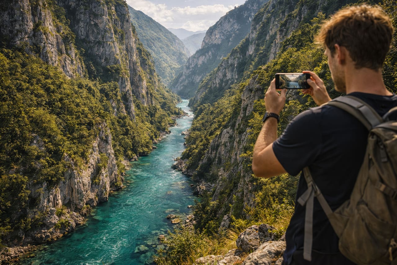 Canyon del fiume Tara e un turista con lo smartphone