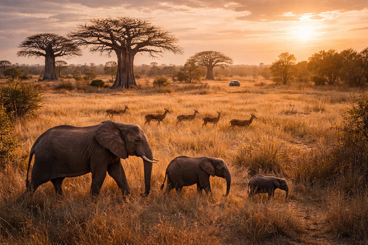 Savana del Parco nazionale del Niokolo-Koba con animali selvatici.