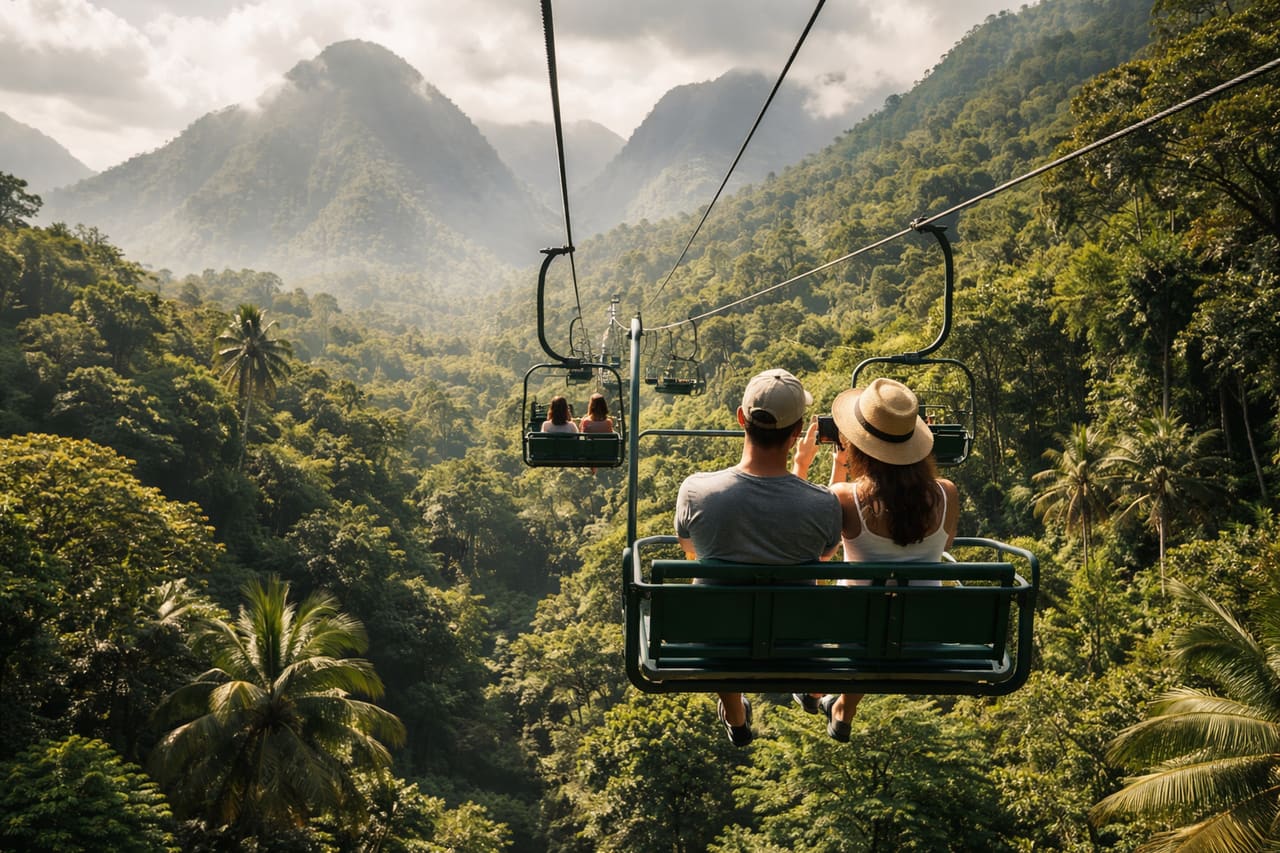 Funivia sopra la foresta tropicale di Mystic Mountain: turisti a metà scena tengono i telefoni