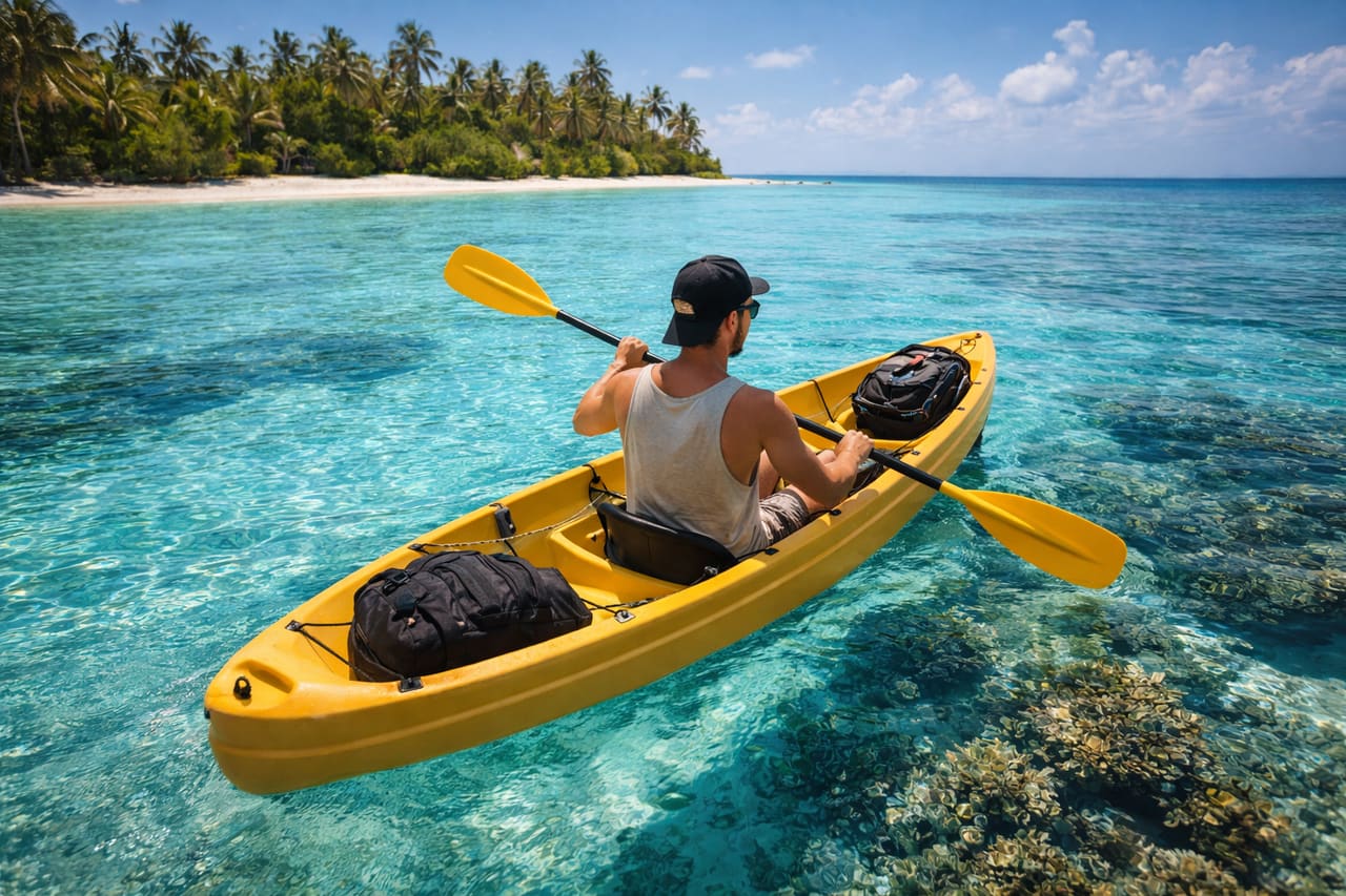 Kayak in una laguna trasparente e viaggiatore che usa la eSIM