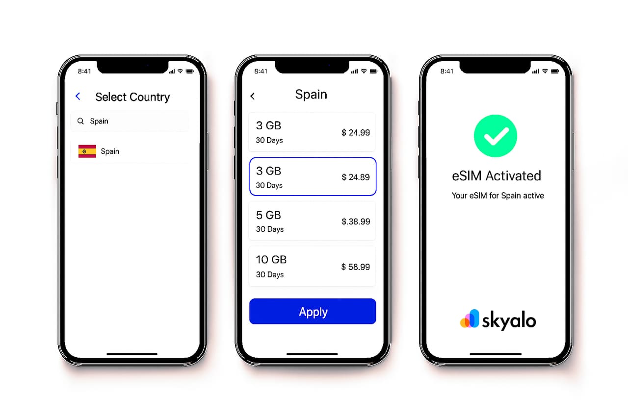 eSIM в Испании через Skyalo — быстро, удобно, без роуминга
