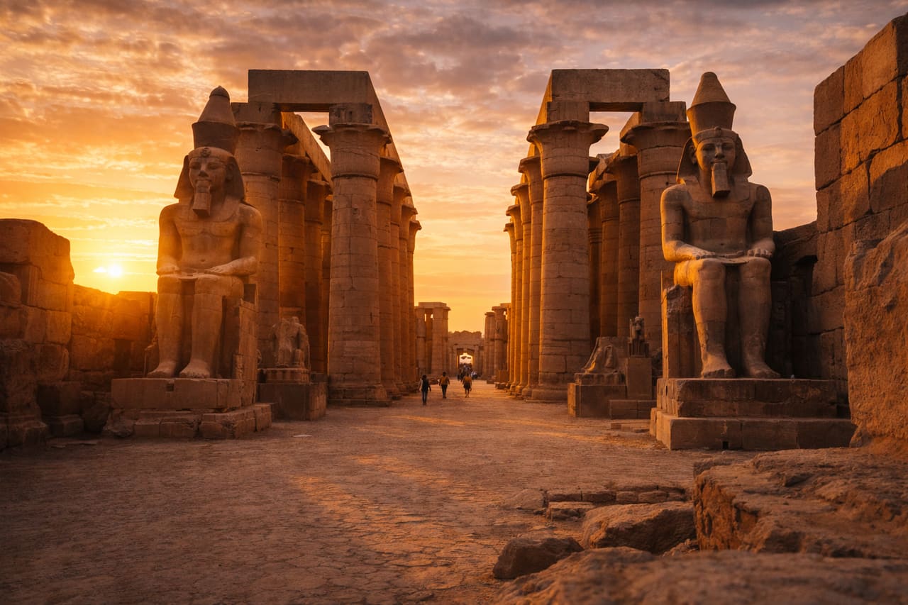Tempio di Luxor in Egitto con illuminazione serale e turisti in piazza, viaggio con internet eSIM