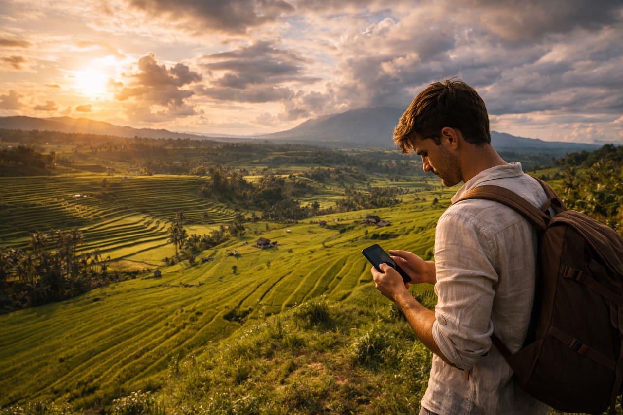 Terrazze di Jatiluwih e un turista con telefono sullo sfondo del panorama