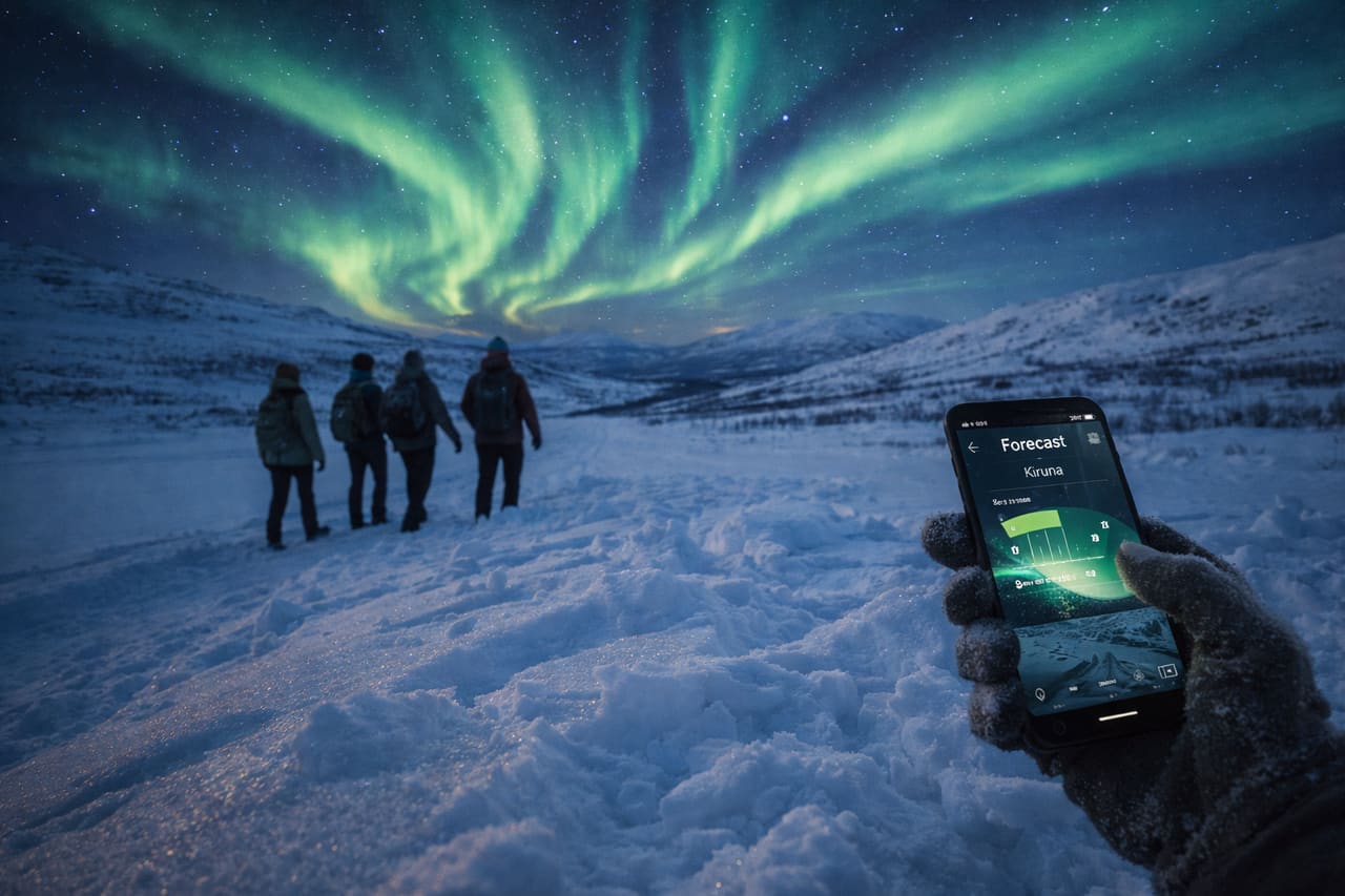 Aurora boreale a Kiruna e un turista controlla le previsioni sullo smartphone