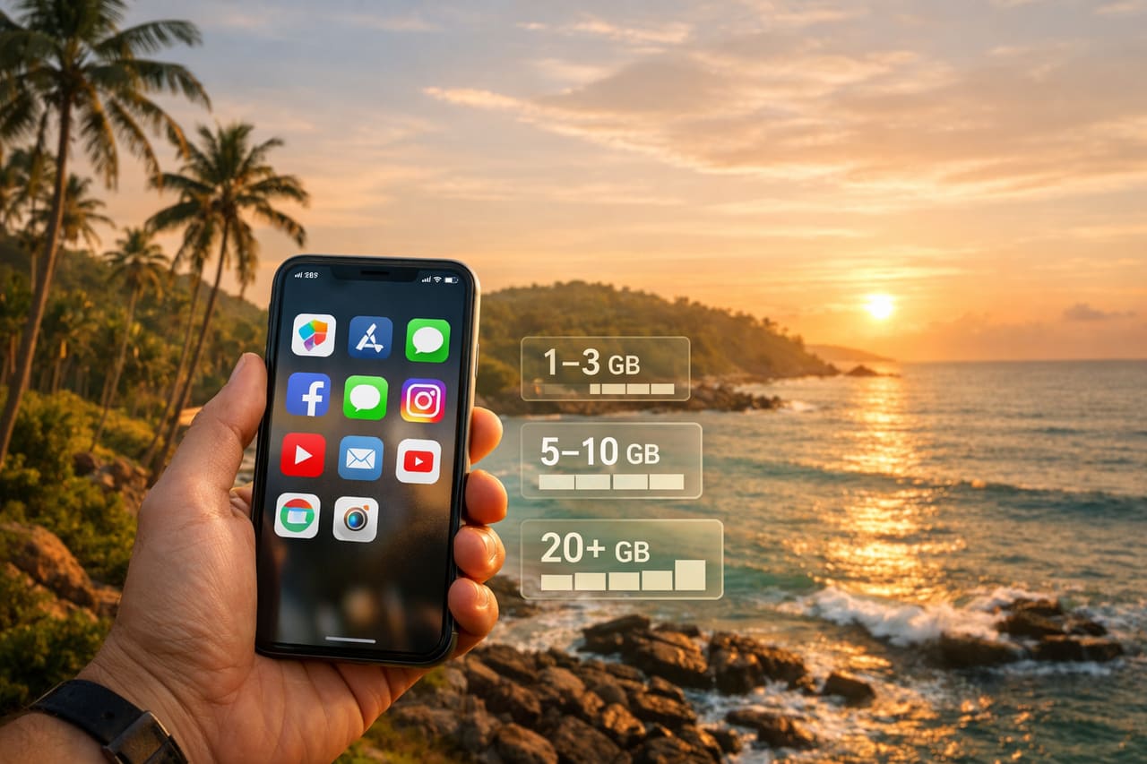 Uno smartphone con navigazione e app di viaggio mostra l’uso dell’internet mobile in Sri Lanka.