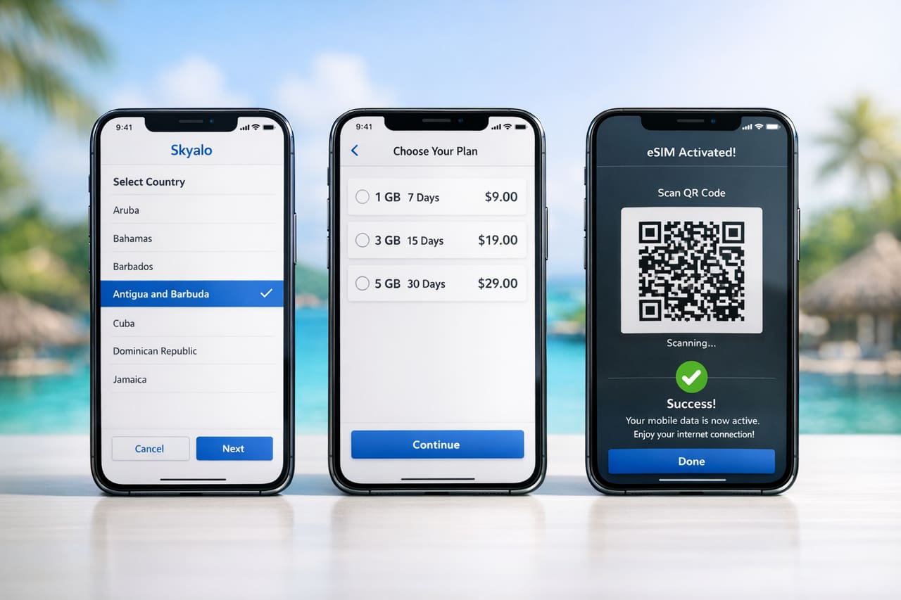 Tre smartphone con la connessione eSIM Skyalo passo dopo passo per Antigua and Barbuda: scelta del Paese, del piano e attivazione