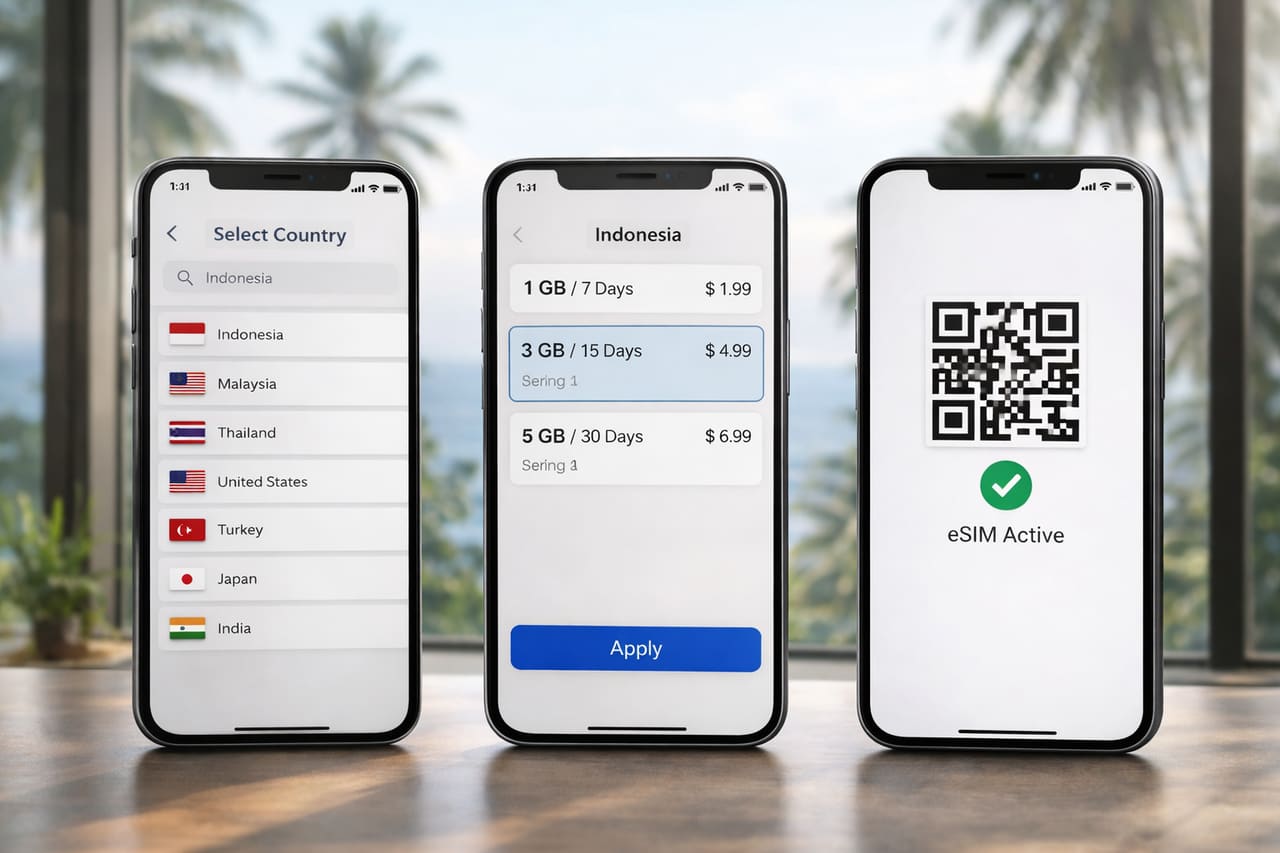 Tre smartphone con le fasi di attivazione dell’eSIM per l’Indonesia sullo sfondo di un paesaggio tropicale di Bali