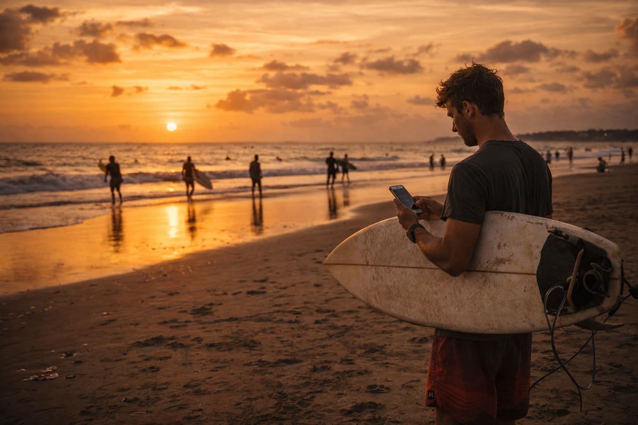 Spiaggia di Kuta al tramonto e un surfer con smartphone