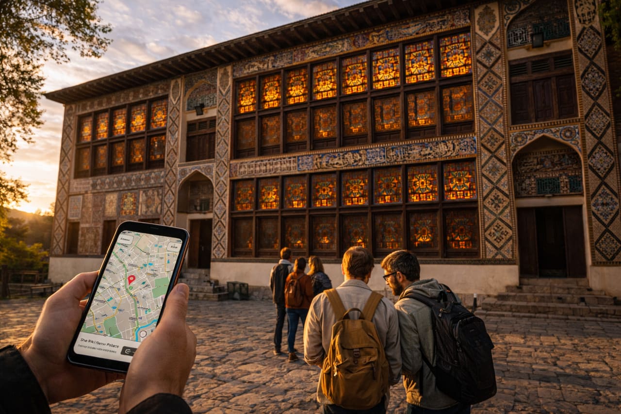 Facciata del Palazzo dei khan di Sheki con vetrate shebeke illuminate dal sole; in primo piano uno smartphone con una mappa online aperta; al centro un gruppo di cinque turisti osserva l’itinerario nella piazza davanti al palazzo.