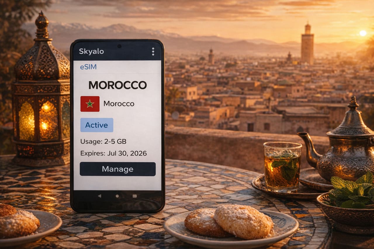 Attivazione della eSIM per viaggiare in Marocco su uno smartphone, sullo sfondo di una medina e dell’architettura tradizionale.