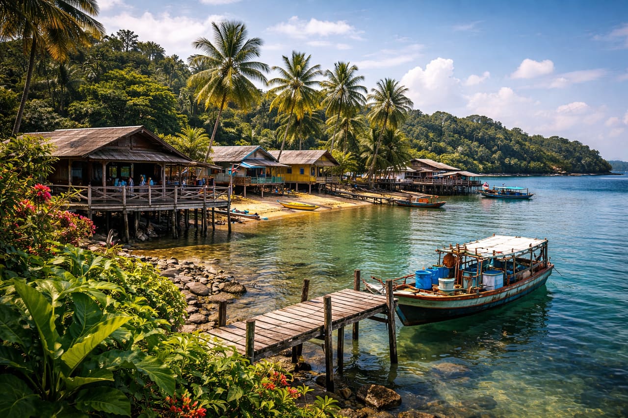 L’isola tropicale di Pulau Ubin con villaggio e palme.
